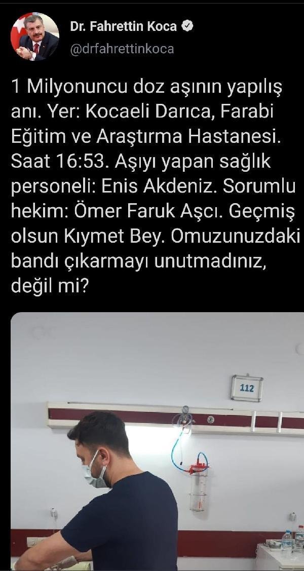 Bakan Koca, 1 milyonuncu doz aşının yapılış anının fotoğrafını paylaştı