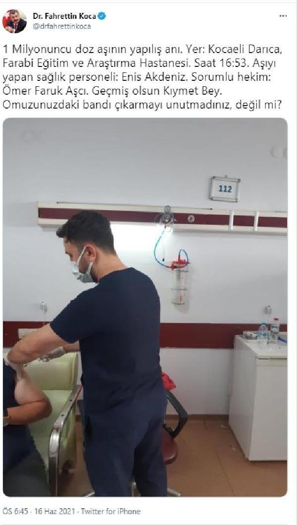 Bakan Koca 1 milyonuncu doz aşıyı sosyal medya hesabından duyurdu
