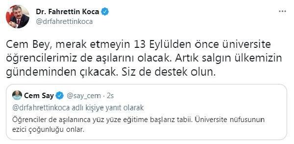 Bakan Koca: 13 Eylül’den önce üniversite öğrencilerimiz de aşılarını olacak