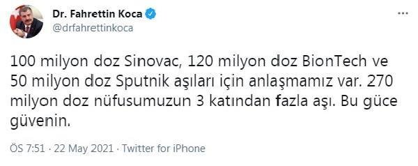 Bakan Koca: 270 milyon doz aşı için anlaşmamız var