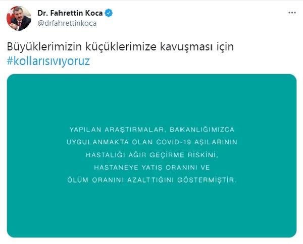Bakan Koca:  Büyüklerimizin küçüklerimize kavuşması için kolları sıvıyoruz