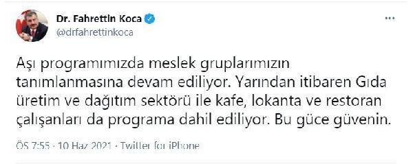 Bakan Koca: Kafe, lokanta ve restoran çalışanları yarın aşı programına dahil edilecek