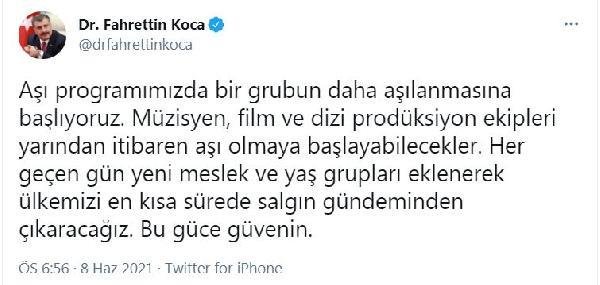Bakan Koca: Müzisyen, film ve dizi prodüksiyon ekipleri yarından itibaren aşı olabilecek