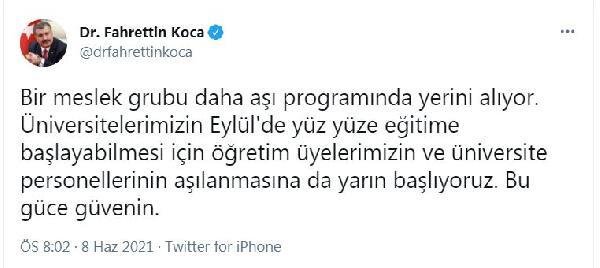 Bakan Koca: Öğretim üyeleri ve üniversite personelinin aşılanmasına yarın başlıyoruz