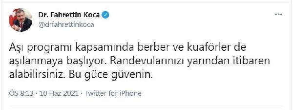 Bakan Koca: Yarın berber ve kuaförler aşılanmaya başlıyor