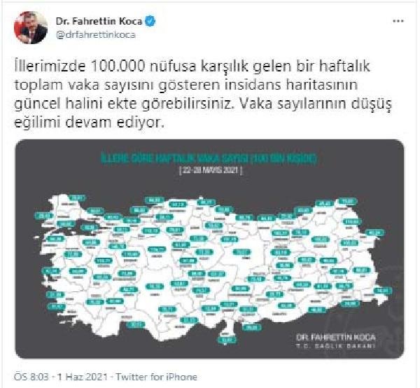 İllere göre vaka haritası güncellendi