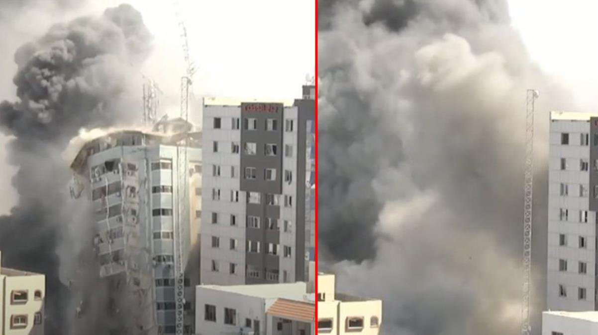Son dakika! İsrail’in Gazze’deki medya binasını vurma anı kameralara saniye saniye yansıdı