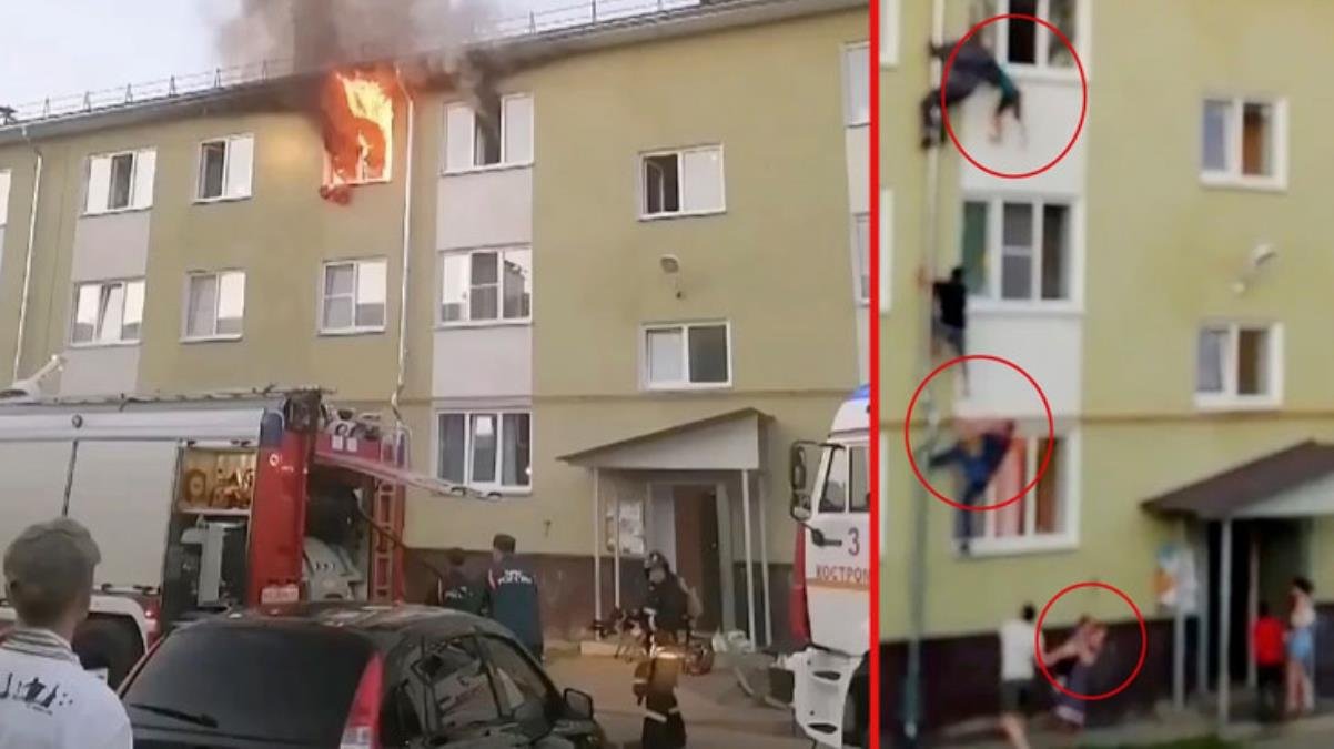 Yürekler ağza geldi! Yangında mahsur kalan çocukları örümcek gibi boruya tırmanarak böyle kurtardılar