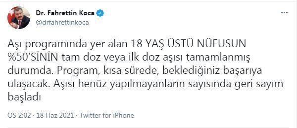 Bakan Koca: “Aşı programındaki 18 yaş üstü nüfusun yüzde 50’sinin tam doz veya ilk doz aşıları tamamlandı”