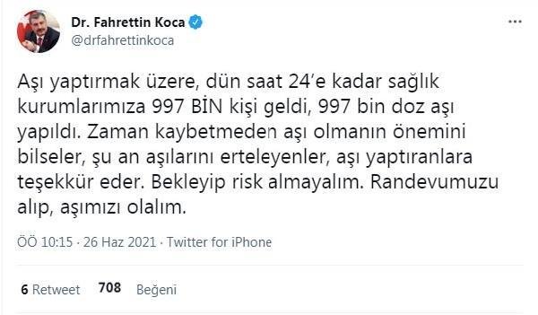 Bakan Koca: Dün 997 bin doz aşı yapıldı