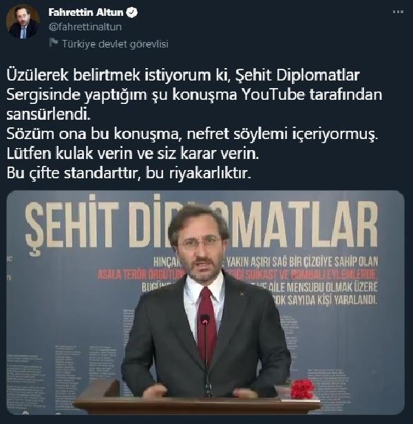 İletişim Başkanı Altun’dan konuşmasına sansür koyan YouTube’a tepki