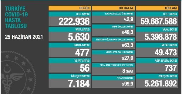 Koronavirüs salgınında günlük vaka sayısı 5 bin 630 oldu