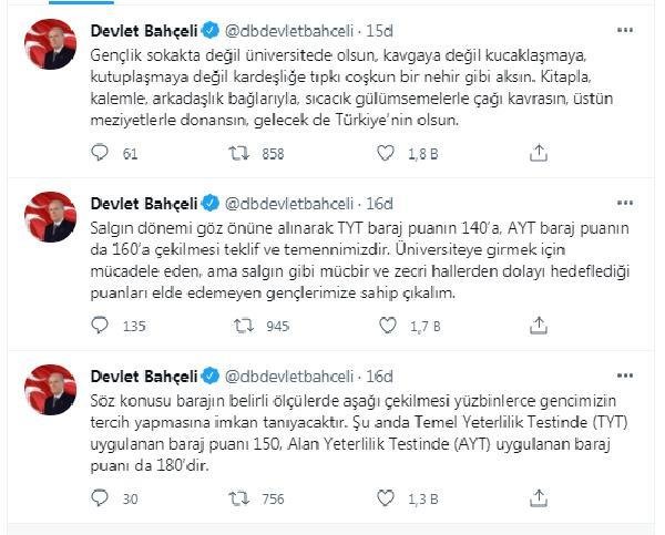 Bahçeli: TYT 140’a, AYT baraj puanın da 160’a çekilmesi teklif ve temennimizdir