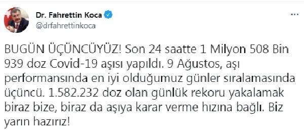 BAKAN KOCA: 24 SAATTE 1 MİLYON 508 BİN 939 DOZ COVİD-19 AŞISI YAPILDI