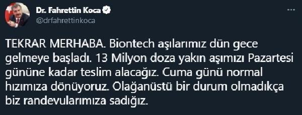 Bakan Koca: Biontech aşılarımız dün gece gelmeye başladı