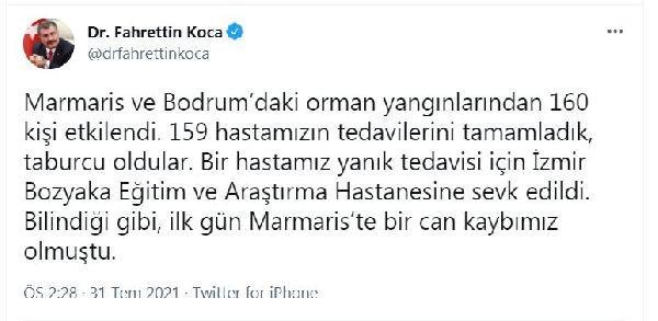 Bakan Koca: Yangından etkilenen 160 kişiden 159’unun tedavisini tamamladık