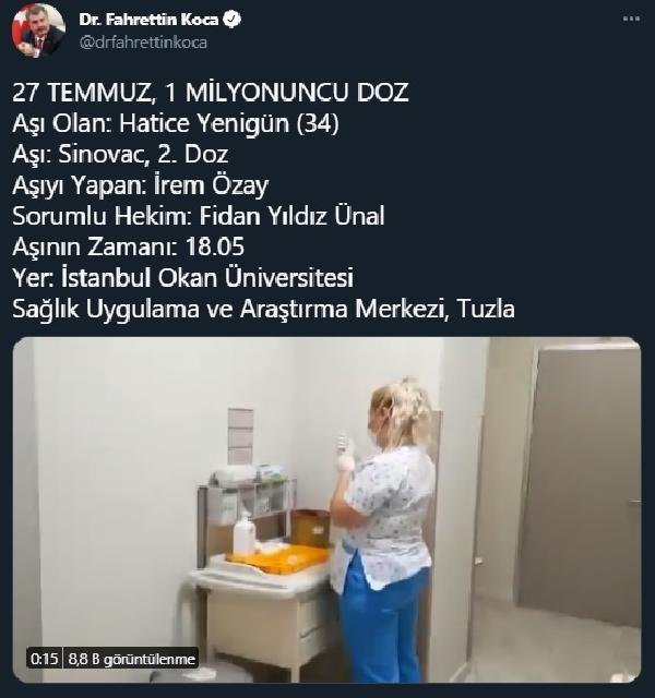 Bakan Koca’dan 1 milyonuncu doz ‘aşı’ paylaşımı