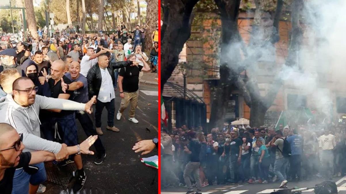 Aşı ve test karşıları İtalya’yı karıştırdı! “Yeşil Geçiş” sertifikasını protesto edenler polisle çatıştı