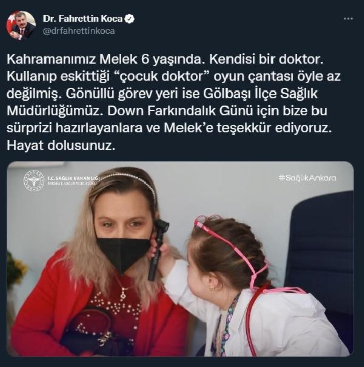 BAKAN KOCA’DAN 6 YAŞINDAKİ DOWN SENDROMLU DOKTOR MELEK PAYLAŞIMI