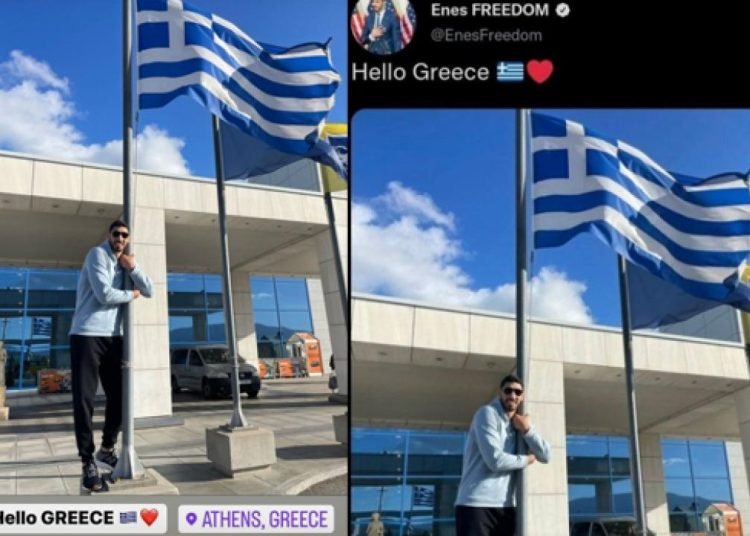 FETÖ’cü Enes Kanter, Yunan bayrak direğine sarıldı